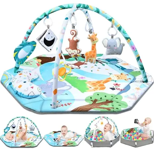 Forest-themed baby gym play mat with detachable toys and foldable fence
