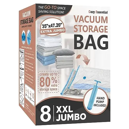 Eight extra-large transparent vacuum storage bags and a hand pump