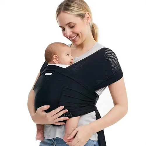 Momcozy AirMesh baby sling in black, showing its stretchy, net-like fabric and ring adjustment.