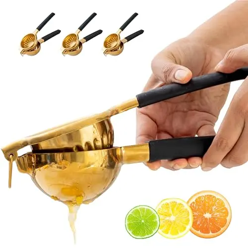 A Bar Above Citrus Juicer in gold finish, showcasing its stainless steel construction and ergonomic handles.