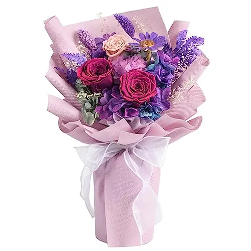 lovenfold handcrafted bouquet of preserved purple roses with hydrangea and filler flowers