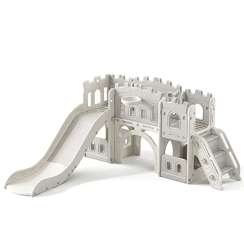 Grey castle-themed 8-in-1 toddler slide and climber playset