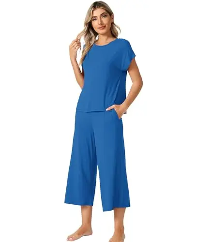 WiWi women's short sleeve pajama set with capri pants in bright blue