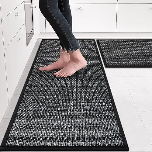 Two-piece inky colored woven kitchen rug set with rubber backing