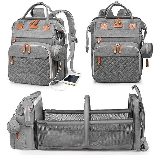Astro alan grey waterproof diaper backpack with changing pad, open to show multiple pockets and organization
