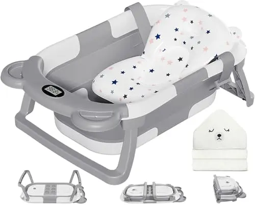 MoreFeel collapsible baby bathtub with thermometer, hooded towel, and cushion