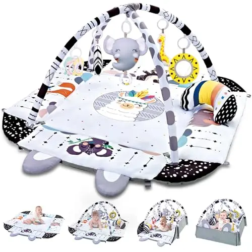 Animal-themed 8-in-1 baby gym play mat with foldable fence and sound toys