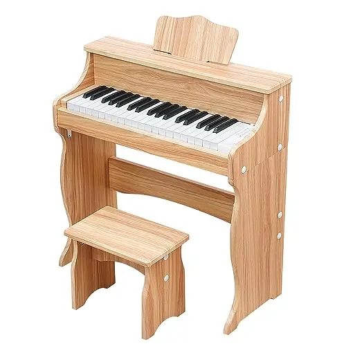 Wooden digital piano for kids with 37 keys, music stand, and classic wooden toy aesthetic