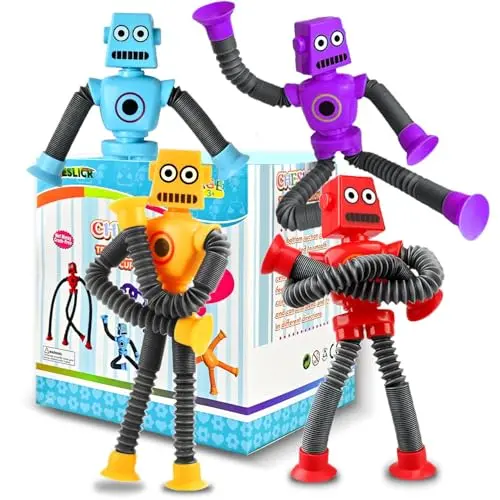 Set of four colorful robot-shaped sensory toys with suction cups and pop tubes