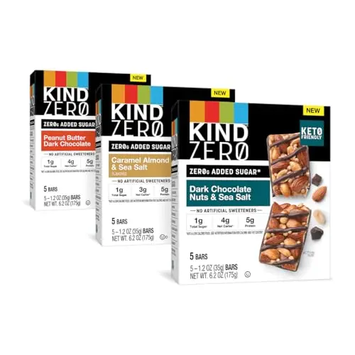 KIND ZERO Added Sugar Bars Variety Pack box showing three different bar flavors.