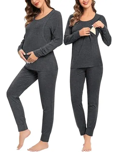SWOMOG maternity thermal underwear set with long sleeves and pants in a deep grey color.