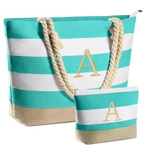 YOOLIFE personalized embroidered monogram beach tote bag with makeup bag.