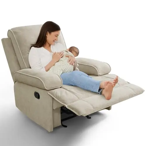 YuuYee beige velvet oversized nursery rocker recliner chair with wide footrest