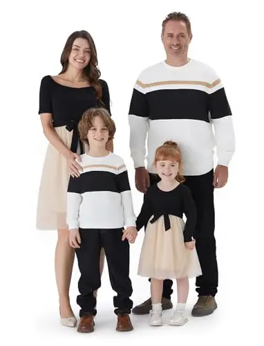 Ivory off-shoulder sweatshirt dress with black contrast for family matching
