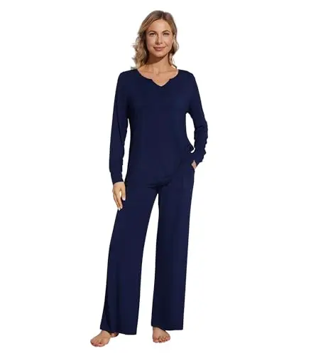 WiWi women's long sleeve pajama set with pockets in navy