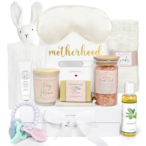 iAOVUEBY new mom gift basket with bath salts, candle, soap, body oil, and baby items