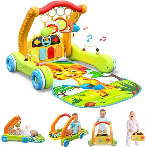 Move2Play 4-in-1 baby gym and walker in yellow giraffe print, set up as a play mat.