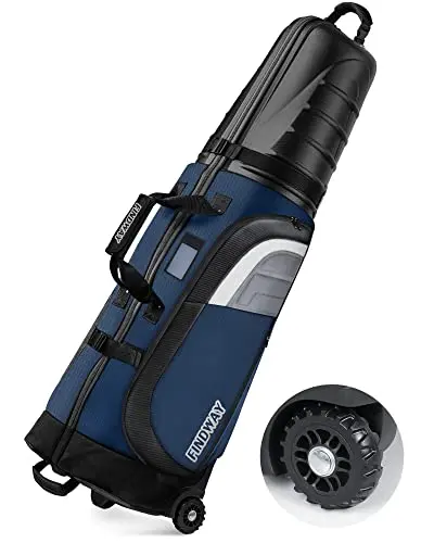 Findway blue golf travel bag with a semi-hard ABS top and wheels