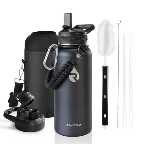 RAYMYLO 32 oz insulated stainless steel water bottle with paracord handle in black