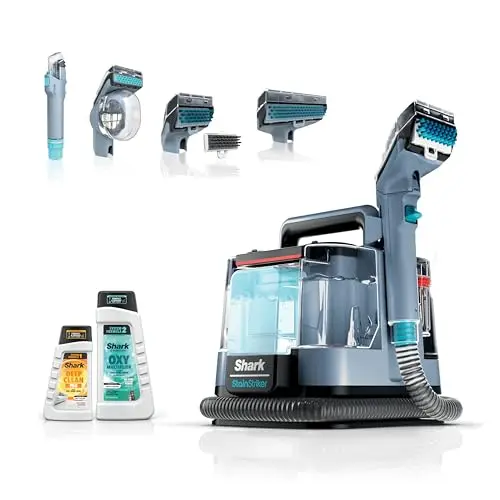 Shark StainStriker portable carpet cleaner in Nordic Blue with multiple cleaning tools.