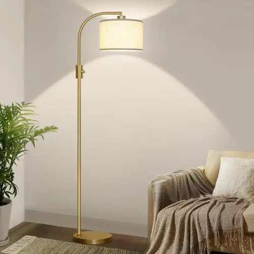 Nintiue gold arc floor lamp with linen shade in a nursery corner