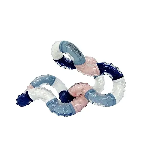 Blue and white Tangle Therapy fidget toy twisted into a loose knot on a table