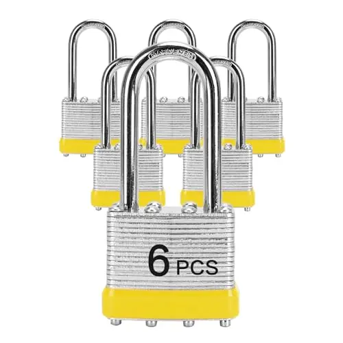 Six LQYN laminated steel padlocks with long shackles