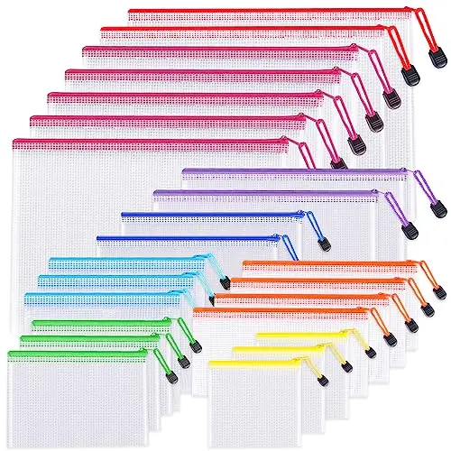 UMETDO 24-piece set of clear mesh zipper pouches in assorted colors and sizes