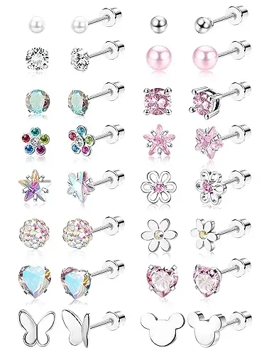 CASSIECA 16 pairs of hypoallergenic screw back earrings with cubic zirconia in ball, heart, flower, and star shapes.