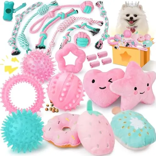 XIUGOAL 23-pack puppy toy set with pink squeaky toys, ropes, and a treat ball