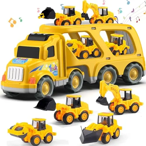 Blue construction carrier truck toy with detachable mini construction vehicles