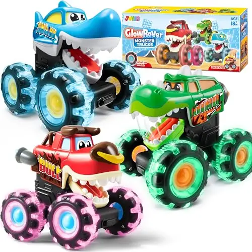 JOYIN three-pack of light-up dinosaur monster truck toys with moving mouths