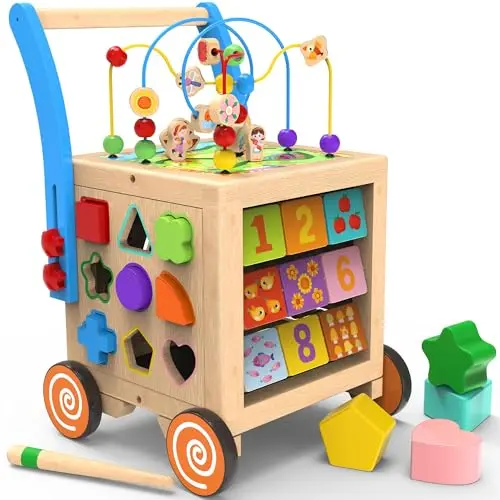WOODMAM wooden activity cube walker with bead maze, abacus, and gears on top