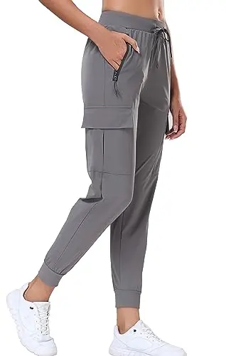 OALKA women's charcoal grey cargo jogger pants with multiple pockets, suitable for hiking or casual wear.