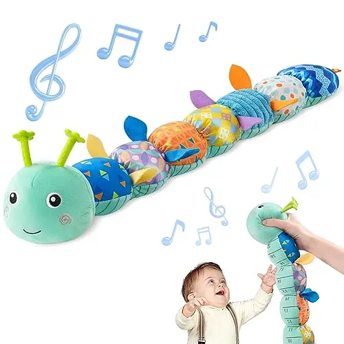 Sumobaby blue plush caterpillar baby toy with teether and ruler