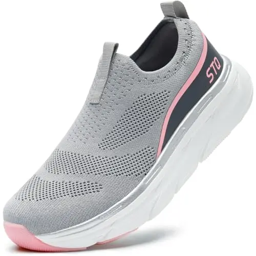 STQ women's wide toe box slip-on sneakers in grey and pink