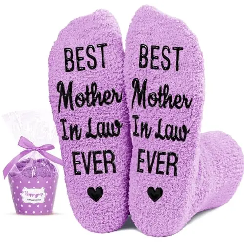 Purple fuzzy socks with 'Best Mother In Law Ever' text in a cupcake-shaped gift box.