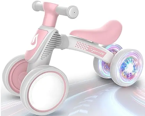 WETIFY pink toddler balance bike with colorful spinning LED wheels