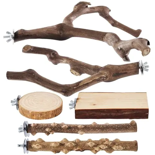 LIMIO set of six natural wood bird perches including grape sticks and platform stands