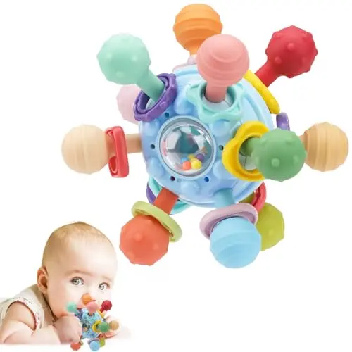 Montessori-inspired baby toy with colorful silicone balls on a plastic frame that functions as a teether and rattle.