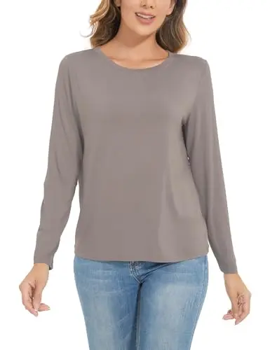 GYS women's long sleeve crewneck top in taupe with loose fit