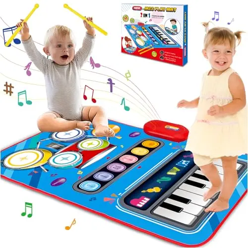 Aitbay baby musical play mat with piano keys on one side and drums on the other