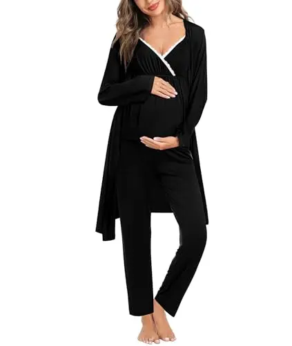 SWOMOG 3-piece maternity nursing set with a robe, sleeveless lace-top, and long pants in black.
