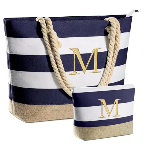 YOOLIFE Canvas Beach Tote Bag with embroidered initial and cosmetic pouch