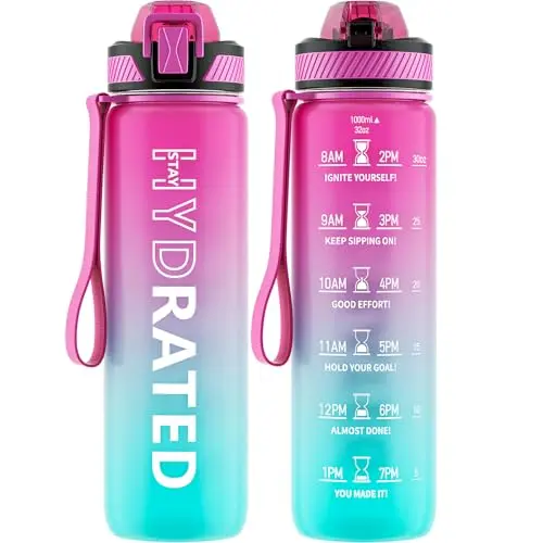 QLUR 32oz water bottle with straw, time marker, and carry strap in purple and green