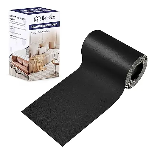 Roll of Besezx black leather repair patch tape being applied to a car seat