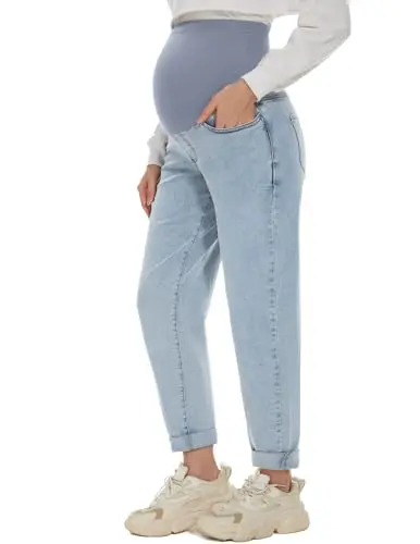 POSHGLAM light blue maternity boyfriend jeans with a loose leg and over-belly panel