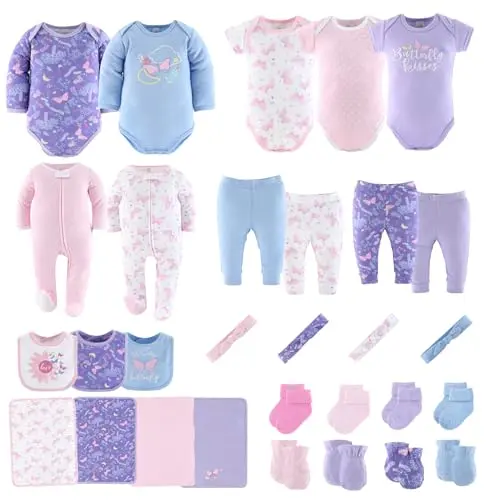 The Peanutshell 30-piece newborn girl layette set in purple butterfly design