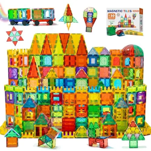 EchoPlan 130 piece set of colorful, clear magnetic building tiles and two cars.