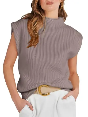 Anrabess Women's Turtleneck Crop Top Sweater Vest in Red Apricot